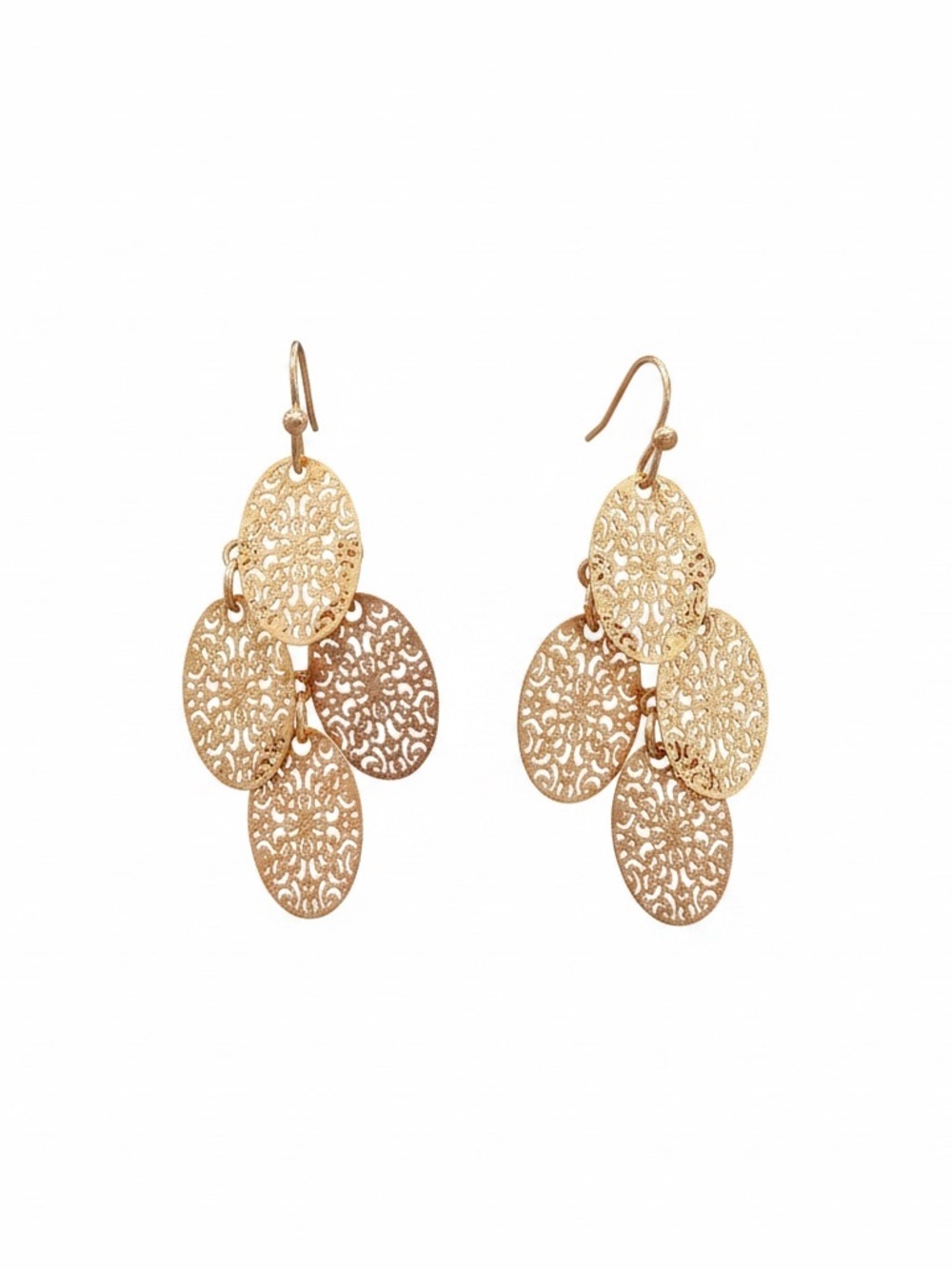 Vintage Gold Tone Filigree Oval Dangle Earrings